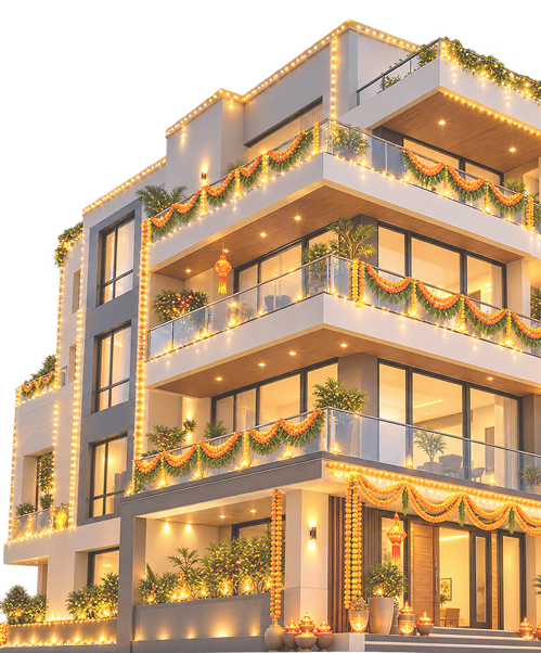 Modern building decorated with festive lights
